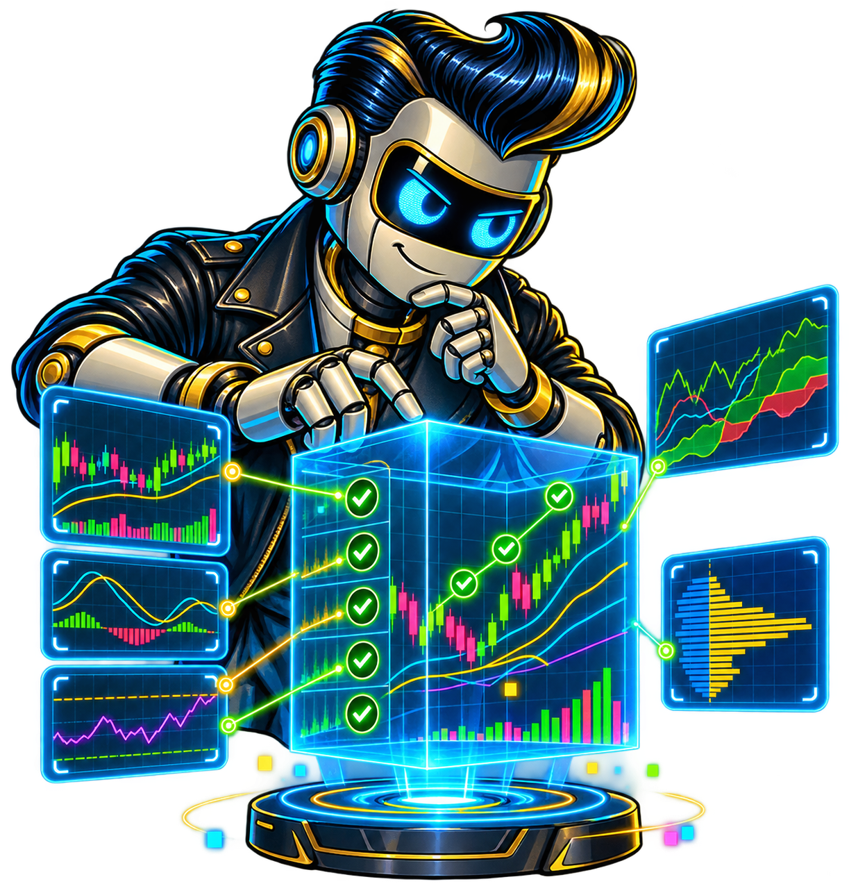 Rockabilly Bot robot studying a transparent trading matrix